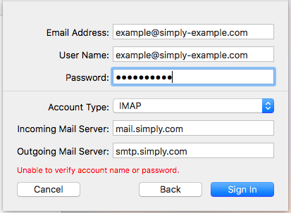 mac mail unable to verify account name or password
